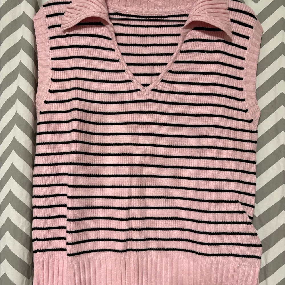 Pink Striped V-Neck Sleeveless Sweater